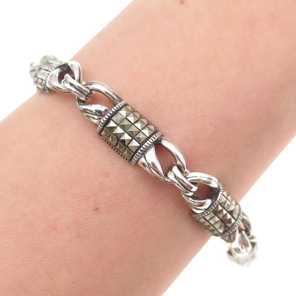 Judith Jack Sterling Silver Vintage Real Marcasite Anchor Link Bracelet 7.25"